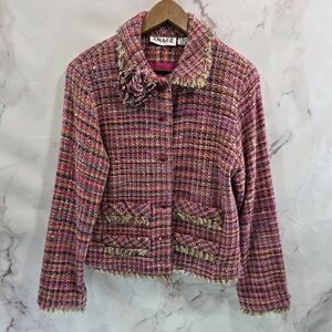 Anage Jacket Women Medium Pink Tweed Artsy Art To Wear Fringe Tie Dye Vtg Y2K